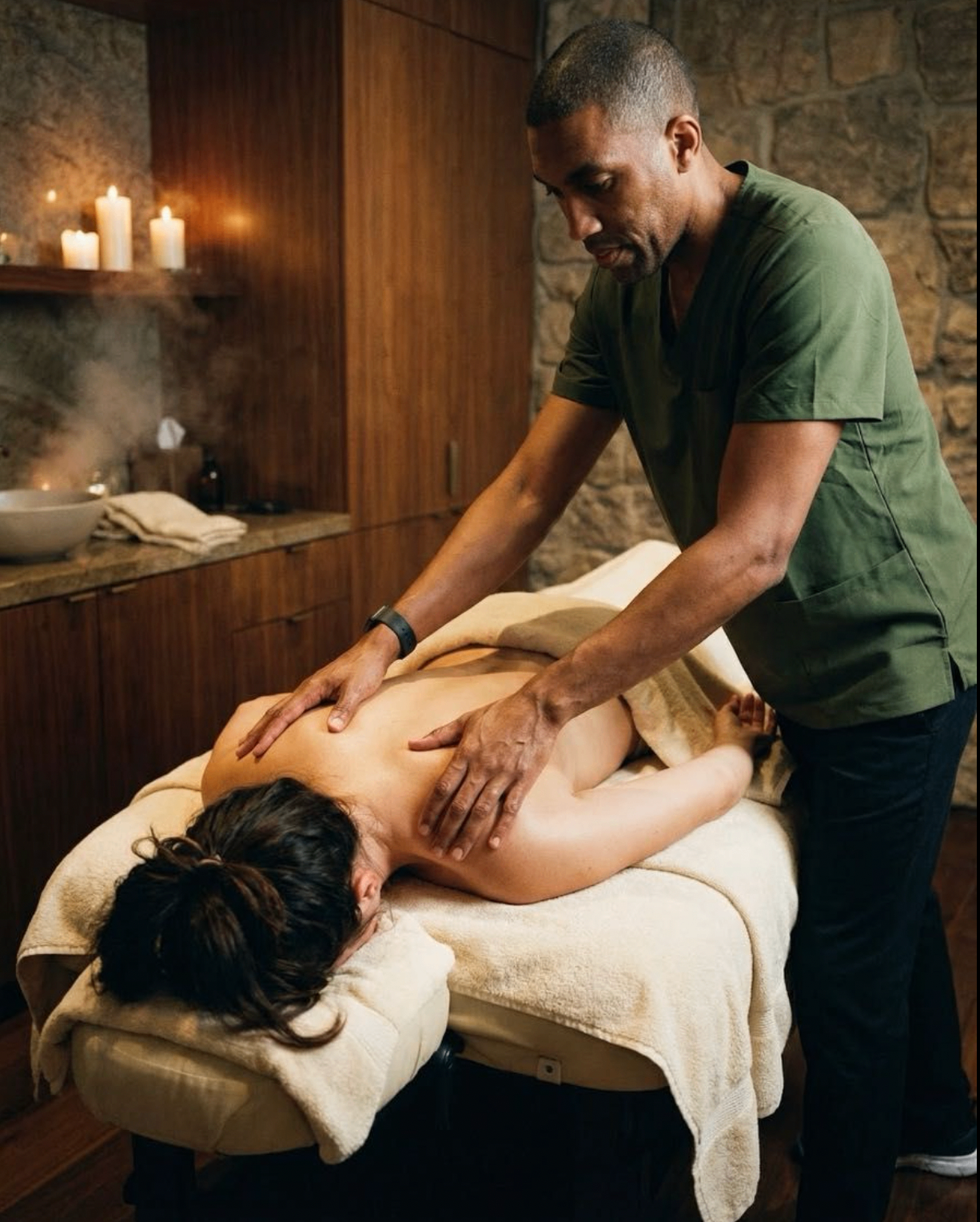 Therapist performing a back massage in a candlelit stone-walled spa setting